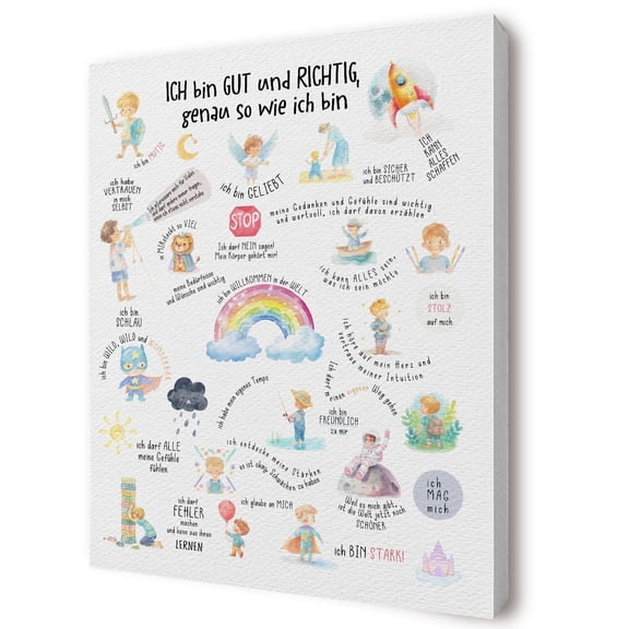 German Inspirational Quotes Canvas Wall Art poster Boho Nursery Decor, Boho Rainbow Cartoon Positive Affirmation Wall Art Prints Decor for Toddler Kids Room Nursery