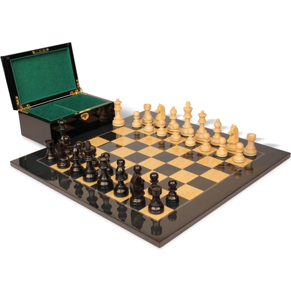 German Knight Staunton Chess Set Ebonized & Boxwood Pieces with Black & Ash Burl Board & Box - 3.25" King