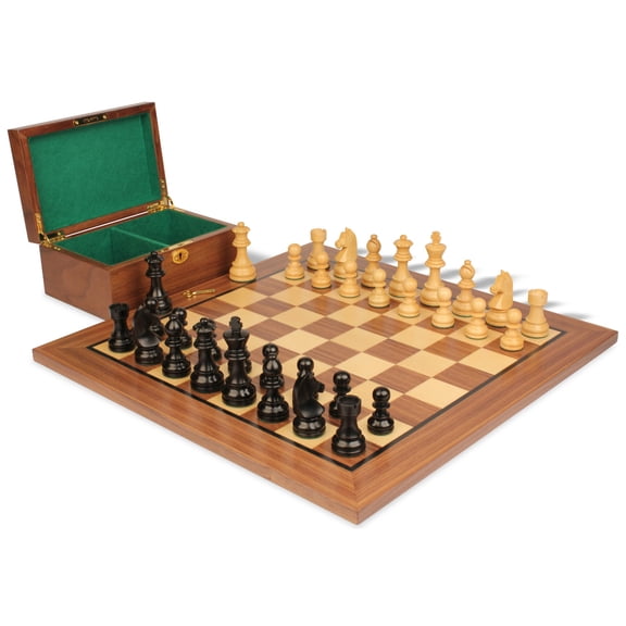 German Knight Staunton Chess Set Ebonized & Boxwood Pieces with Classic Walnut Board & Box - 3.75" King