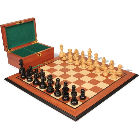 German Knight Staunton Chess Set - Ebonized & Boxwood Pieces - Mahogany Molded Edge Chess Board & Box - 3.25" King
