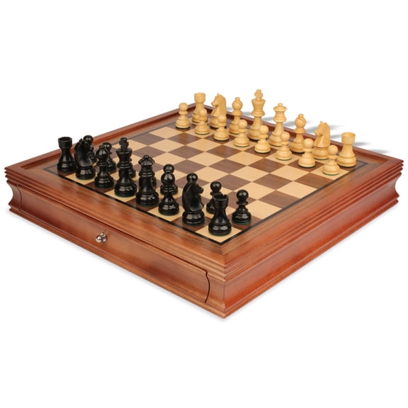 German Knight Staunton Chess Set - Ebonized & Boxwood Pieces - Walnut Two-Drawer Chess Case - 3.25" King