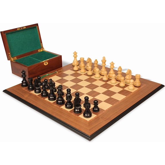 German Knight Staunton Chess Set Ebonized & Boxwood Pieces with Walnut Molded Edge Board & Box - 2.75" King