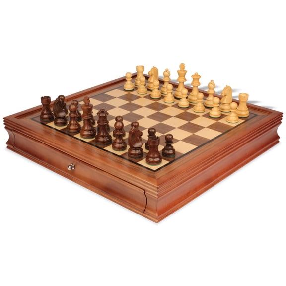 German Knight Staunton Chess Set - Golden Rosewood & Boxwood Pieces - Walnut Two-Drawer Chess Case - 3.25" King
