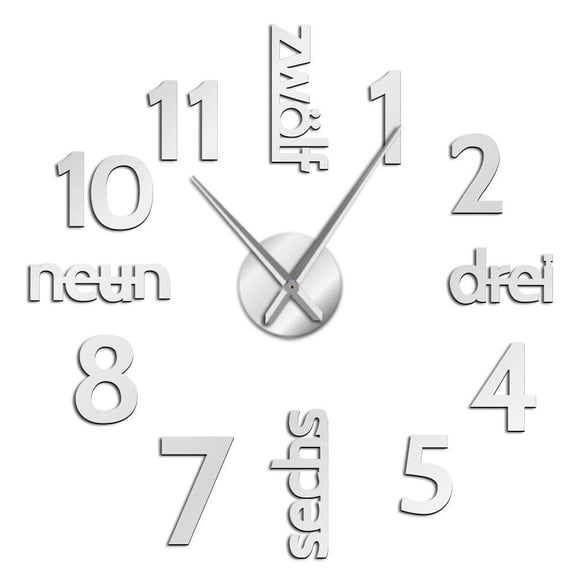 German Language and Arabia Numerals DIY Large Wall Clock Silent Movement Horologe Frameless Big Numbers Acrylic Clocks Watch(Silver,27inch)