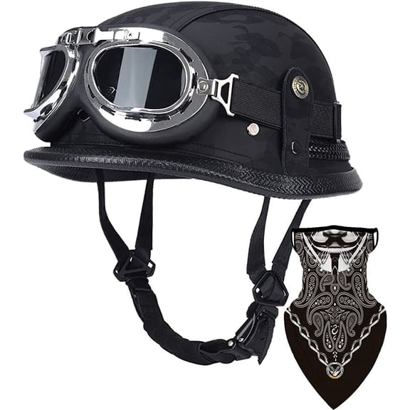 German Leather Half Face Generic DOT/ECE Approved Cap Shell with Goggles Quick Release Buckle Cruiser Motorcycle