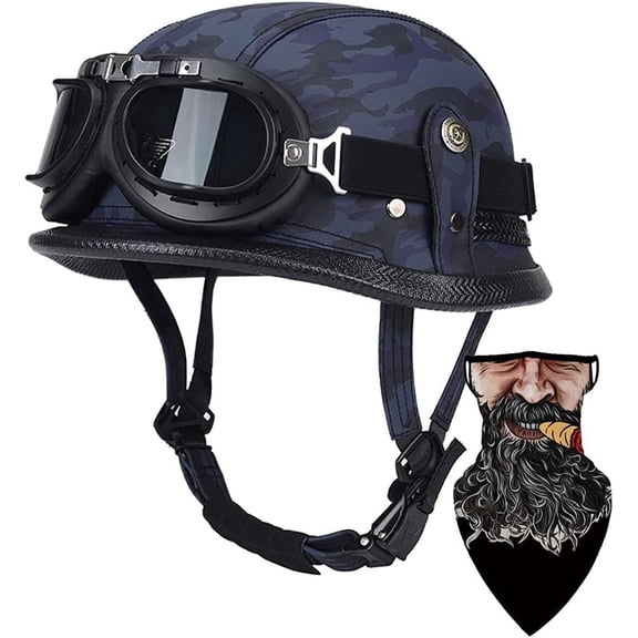 German Leather Half Face Generic with Goggles, DOT/ECE Approved Cap Half Shell, Adjustable Quick Release Buckle for Cruiser