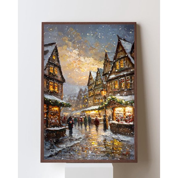 German Market Art Poster, Cozy Golden Hour Winter, Old Worldwall Art, European Village Decor, European, Unframed Poster Size 12x18