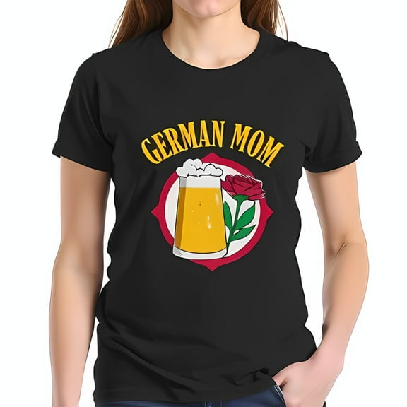 German Mom Graphic T-Shirt - Black Cotton Tee with Stein & Red Rose Design Short Sleeve Crew Neck