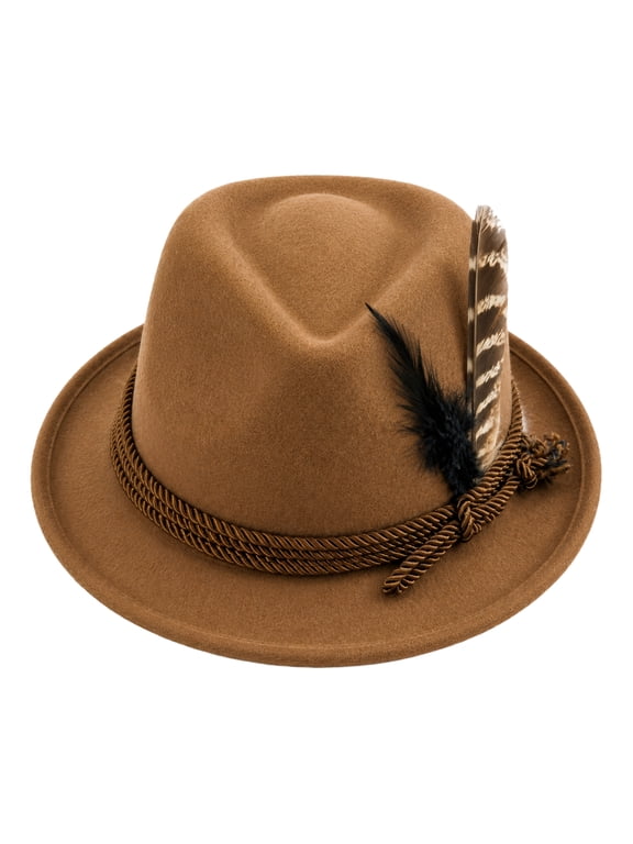 German Oktoberfest Fedora Hat Soft Felt Feather Decor Braided Band Short Brim Trilby Hat Men Women Bavarian Festival Costume Hat One Size