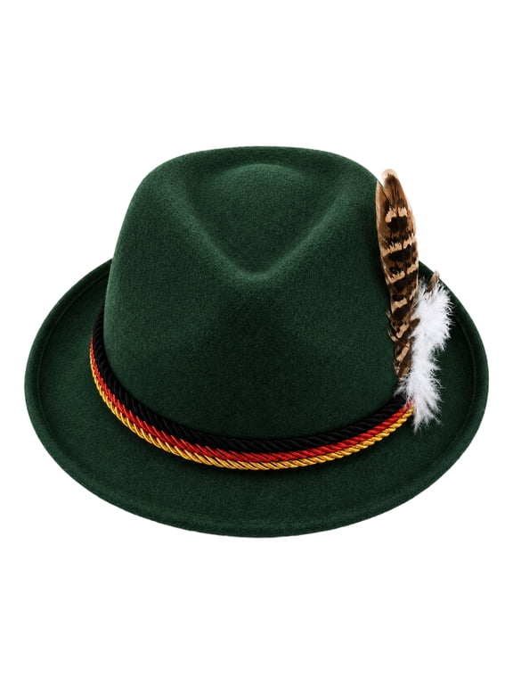 German Oktoberfest Fedora Hat Soft Felt Feather Decor Braided Band Short Brim Trilby Hat Men Women Bavarian Festival Costume Hat One Size