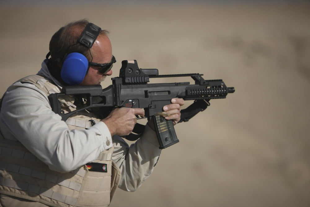 German Police ISAF Member fires a G36K carbine Canvas Art - Terry MooreStocktrek Images (18 x 12)