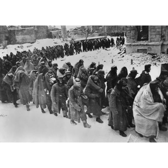 German Prisoners March Through The Snowy Streets Of Battered Stalingrad In Jan.-Feb. 1943. Wrapped In Blankets Or Anything Else To Protect From The Winter Weather History (24 x 18)