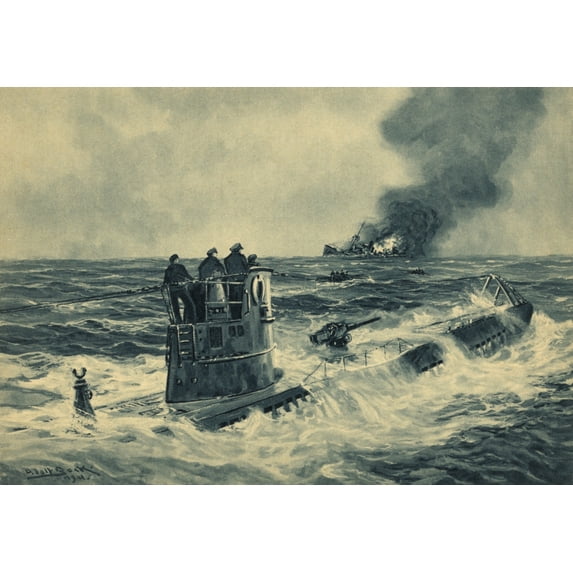 German Sailors Standing On The Conning Tower Of A U-Boat After Torpedoing A British Cargo Ship. Print Of 1941 Painting By German Marine Artist Adolf Bock During World War 2. (Bsloc201311106) History