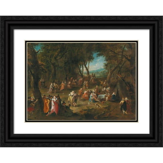 German School 14x11 Black Ornate Wood Framed Double Matted Museum Art Print Titled: Landscape with Elegant Figures (18th Century)