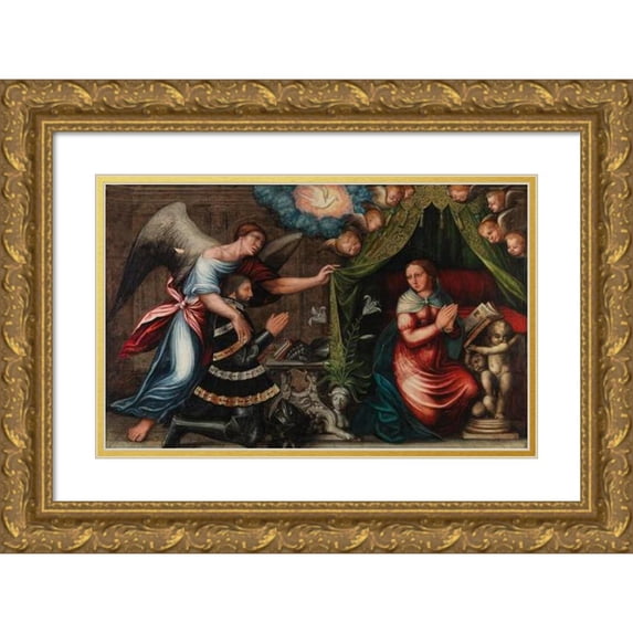 German School 24x17 Gold Ornate Framed and Double Matted Museum Art Print Titled - The Annunciation with a Kneeling Donor (circa 1600)