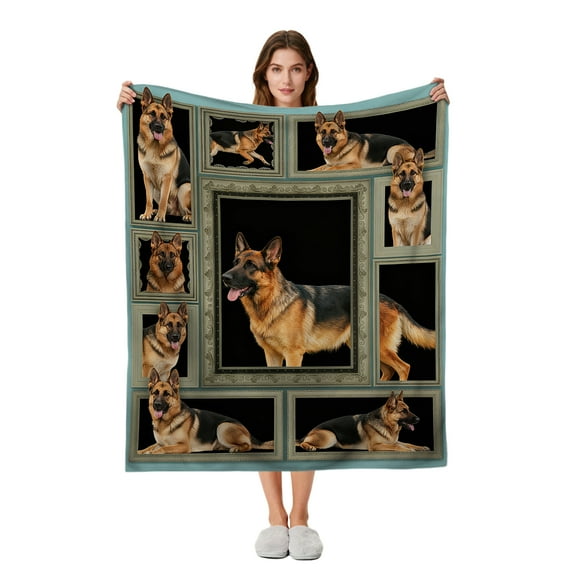 German Shepherd Art Blanket – Cozy Flannel Throw Featuring Multiple Framed GSD Photos, Stylish Home Decor for Sofa or Bed, Perfect Unique Dog Gift for Mom or Dad - 60"x50"