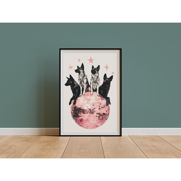 German Shepherd Art Print, Vintage Disco Ball Poster, 70S Funky Retro Tan Gsd Art, Girly Dorm Room Collage,Black Gsd Owner Dog Mom Gift , Poster Print Only