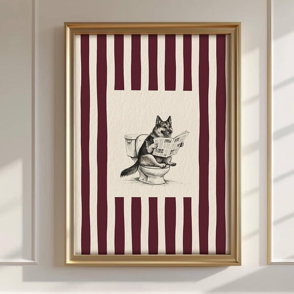 German Shepherd Bathroom Dog Illustration Wall Decor Unframed Paper Print
