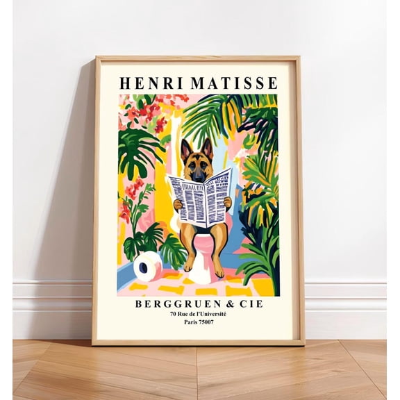 German Shepherd Bathroom Dog Style Art, Unframed Paper Poster 24x36in