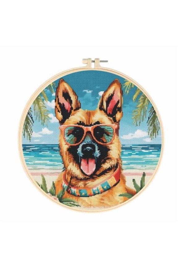 German Shepherd at Beach Easy Cross Stitch Kits for Starter Kits DIY 11CT Pre-printed Stamped Patterns Embroidery Cross Stitching Needlework Kit Set Supplies with Hoop 35x35cm (a90)