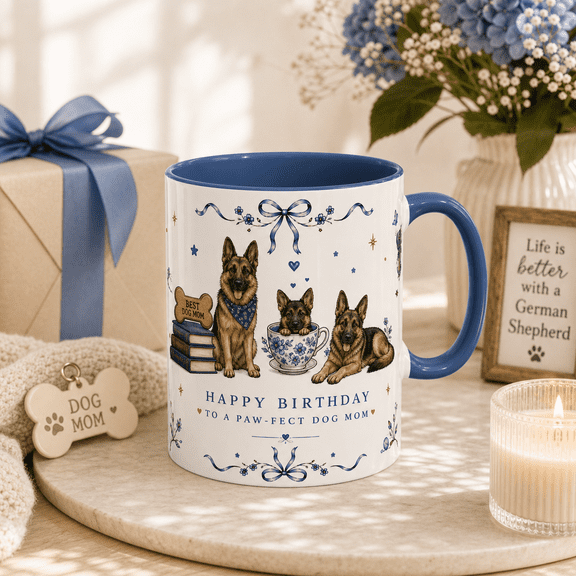 German Shepherd Birthday Mug Blue Ribbon Bow Design for Dog Mom Gift