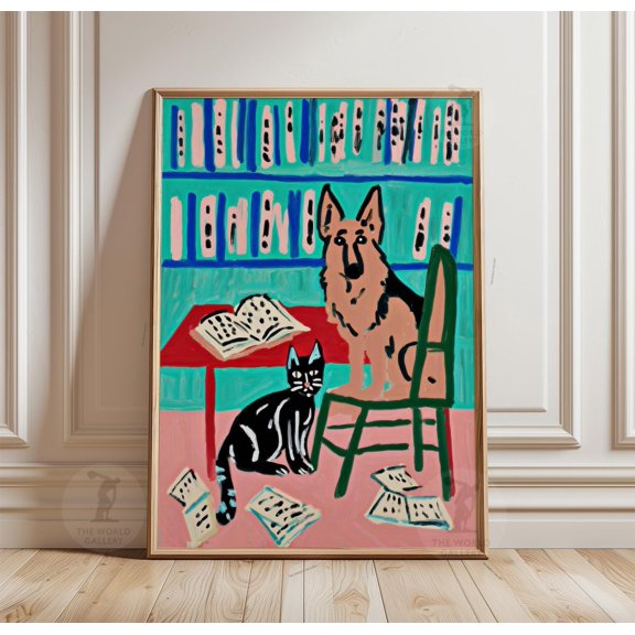 German Shepherd & Black Cat Library Poster, Colorful Animal Wall Art, Poster Only
