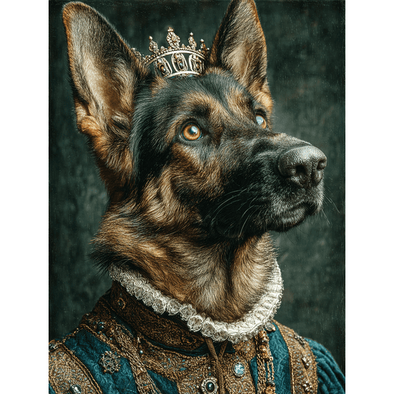 German Shepherd Canvas Print, Regal Dog Portrait with Crown & Jewelry, Pet Lover Wall Decor & Gift