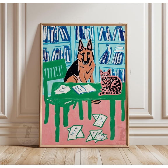 German Shepherd Cat Library Scene Poster Unframed Paper Print