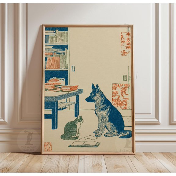 German Shepherd Cat Reading Art Print, Vintage Style Animal Poster, Poster Only