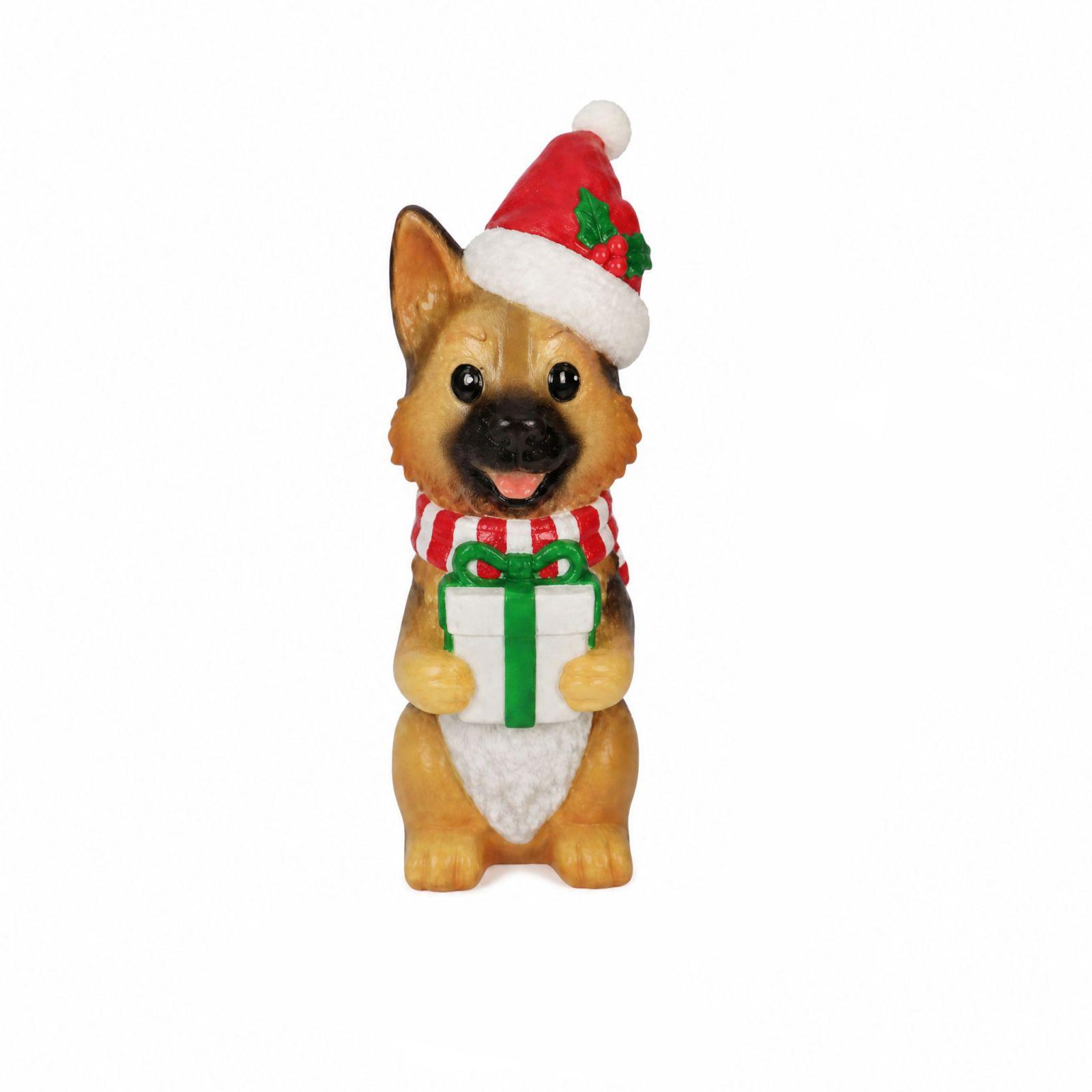German Shepherd Christmas Figurine with Santa Hat and Gift Box, Multicolor