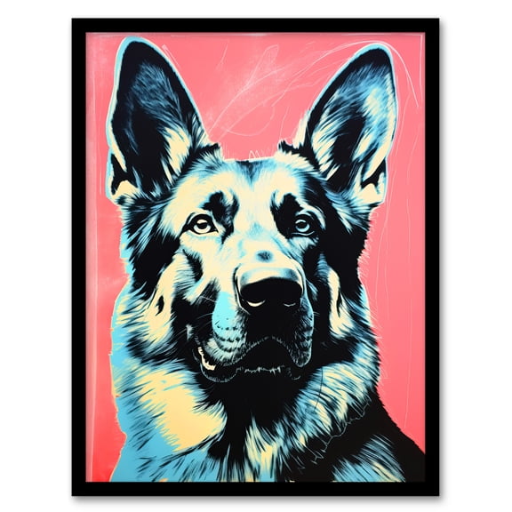 German Shepherd Coral Teal Bold Vibrant Screen Print Risograph Artwork Spot Block Colour Duotone Retro Riso Interior Design Blue Salmon Artwork Framed Wall Art Print A4