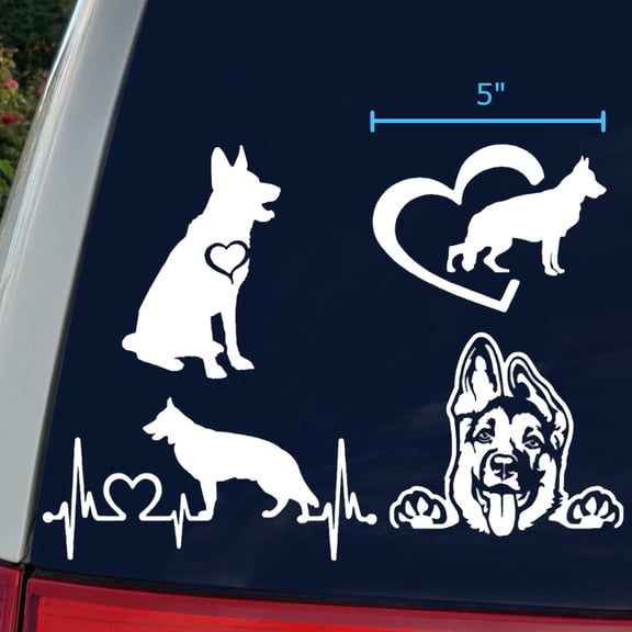 German Shepherd Decals 4 Pack: German Shepherd Sitting, Heartbeat, Heart, German Shepherd Smiling Decals