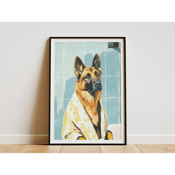 German Shepherd Dog Bathrobe Bathroom Art Print Funny Animal Poster Pet Lover Gift Dog in Robe Wall Decor Canine Art Bathroom Humor - Poster Unframed