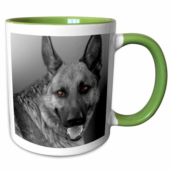 3drose, German Shepherd Dog Black and White Tinted Photograph, 11oz Two-tone Green Mug