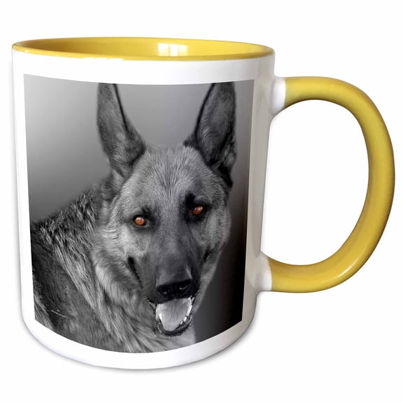 3drose, German Shepherd Dog Black and White Tinted Photograph, 11oz Two-tone Yellow Mug