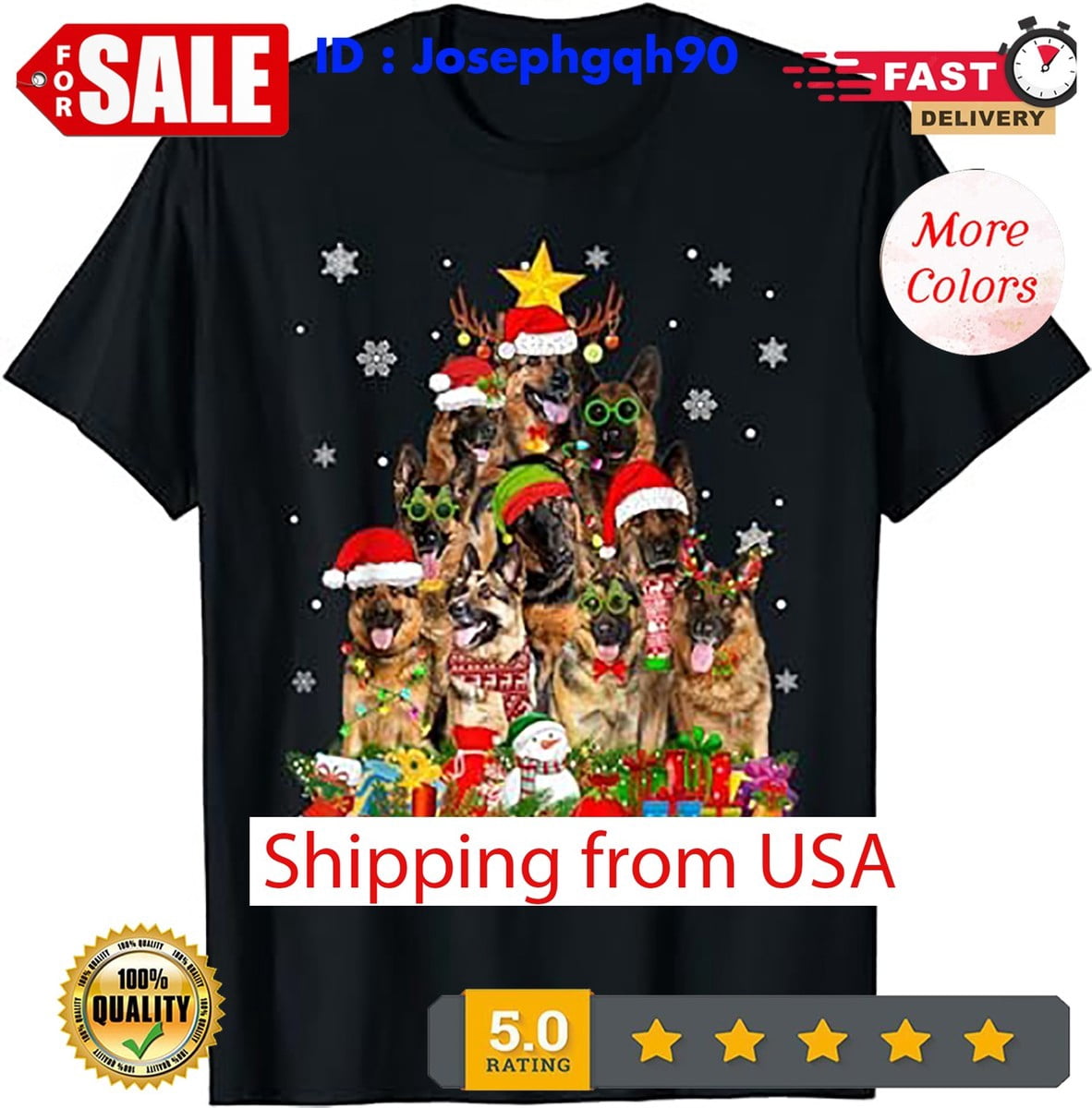 German Shepherd Dog Christmas Tree Lights Xmas St Nick T-Shirt ...