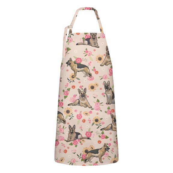 German Shepherd Dog and Flower Apron-Garden Aprons for Women with Pockets-Cotton Linen Waterproof Kitchen Cooking Gardening Aprons Adjustable for Kitchen,Cooking,BBQ and Salon 33x27 Inch
