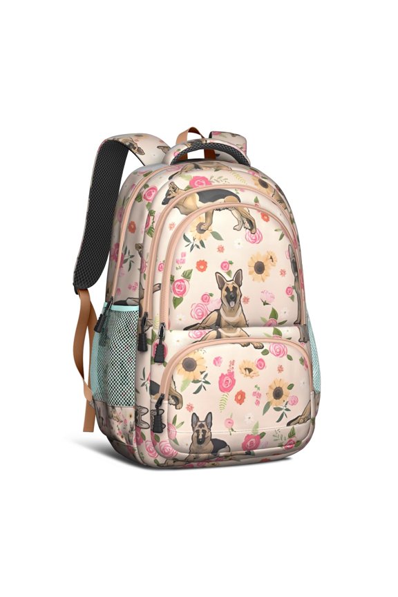 German Shepherd Dog and Flower Backpack for School,Cute School Bag,Schoolbag with Adjustable Shoulder Straps & Padded Back,16.9 Inch
