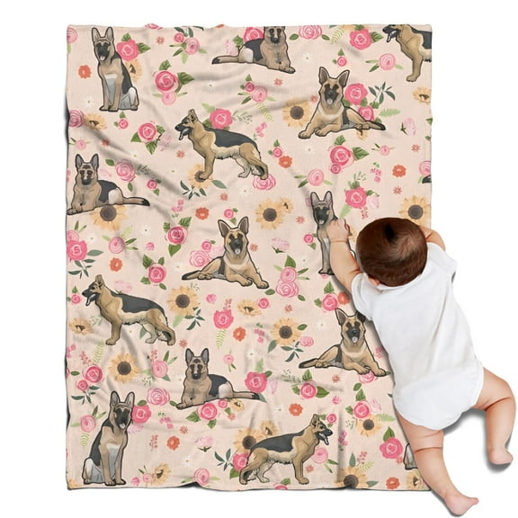 German Shepherd Dog and Flower Blanket,Comfortable Soft Flannel Throw Blanket,All Season,Warm Lightweight Blankets for Sofa Bed Couch Living Room Chair,30"x40"(80x100cm)