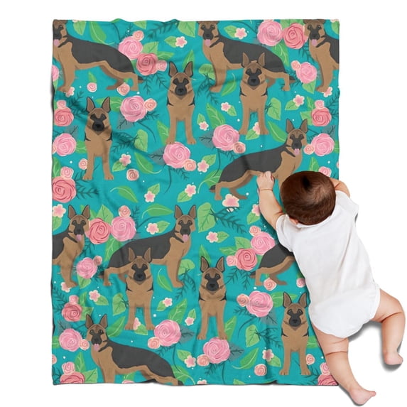 German Shepherd Dog and Flower Blanket,Comfortable Soft Flannel Throw Blanket,All Season,Warm Lightweight Blankets for Sofa Bed Couch Living Room Chair,30"x40"(80x100cm)