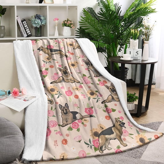 German Shepherd Dog and Flower Blanket,Comfortable Soft Flannel Throw Blanket,All Season,Warm Lightweight Blankets for Sofa Bed Couch Living Room Chair,40"x50"(100x130cm)