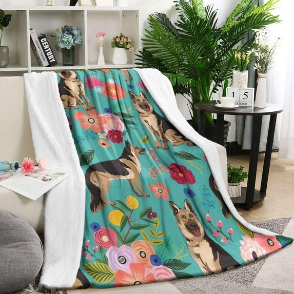 German Shepherd Dog and Flower Blanket,Comfortable Soft Flannel Throw Blanket,All Season,Warm Lightweight Blankets for Sofa Bed Couch Living Room Chair,60"x80"(150x200cm)