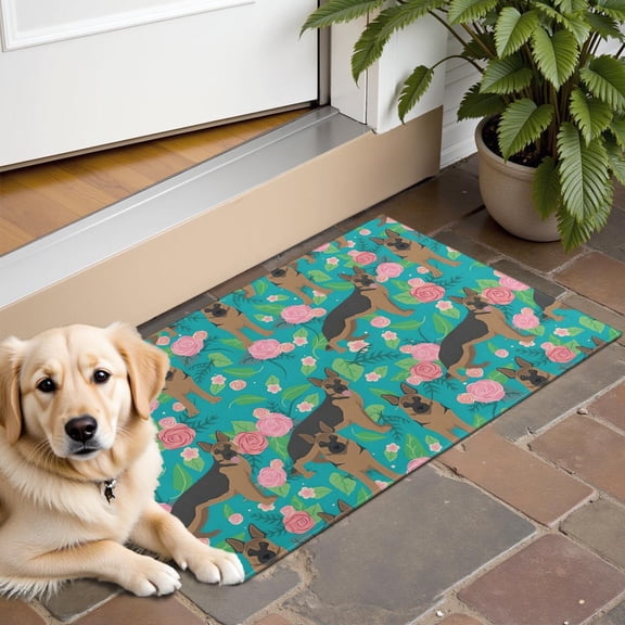 German Shepherd Dog and Flower Door Rugs,Washable Non Slip Door Mats Indoor,Decorative Door Mats,Entry Mat Indoor for Entrance,Bedroom,Kitchen,Bathroom,16"x24"