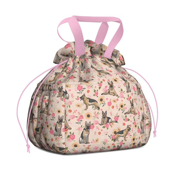 German Shepherd Dog and Flower Drawstring Lunch Bag Women - Drawstring Lunch Bag Insulated for Work Office - Stain-Resistant Large Lunchbags for Women with Multi-Pockets