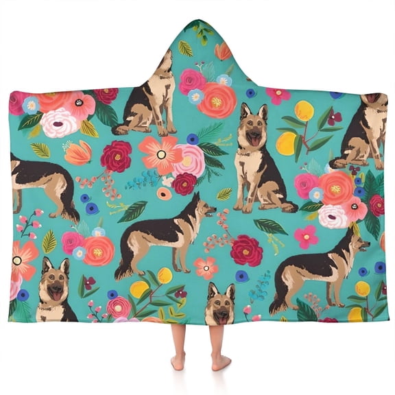 German Shepherd Dog and Flower Hooded Bath Towel,50"x30" for Ages 3 To 12 Kids, Quick Dry Lightweight Soft Microfiber Hood Beach Towel Cover Up for Kids