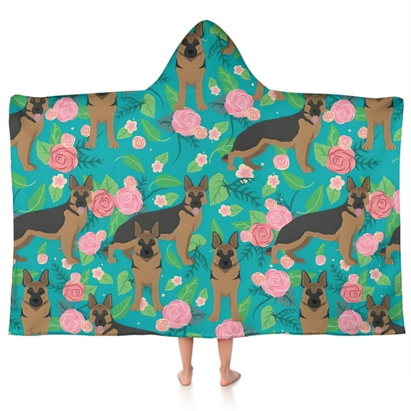 German Shepherd Dog and Flower Hooded Bath Towel,50"x30" for Ages 3 To 12 Kids, Quick Dry Lightweight Soft Microfiber Hood Beach Towel Cover Up for Kids