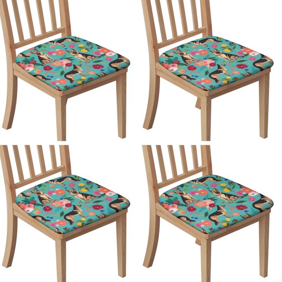 German Shepherd Dog and Flower Seat Covers for Dining Room Chairs Set Of 4,Stretch Printed Washable Chair Seat Cover with Elastic Ties and Button,Removable Waterproof Couch Cushion Covers