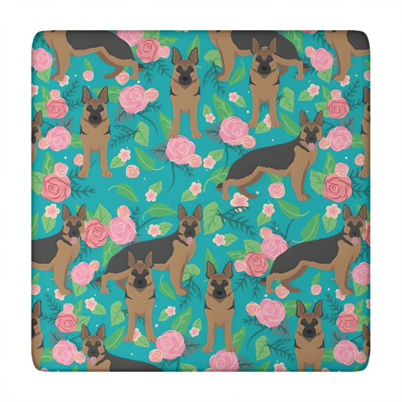 German Shepherd Dog and Flower Square Fitted Tablecloth with Elastic Edge,Square Table Cover,Washable Elastic Table Cover for Home Kitchen Party Decor 34"x34"