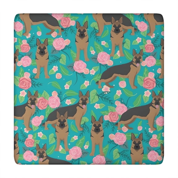 German Shepherd Dog and Flower Square Fitted Tablecloth with Elastic Edge,Square Table Cover,Washable Elastic Table Cover for Home Kitchen Party Decor 34"x34"