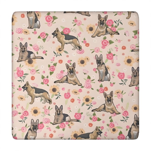 German Shepherd Dog and Flower Square Fitted Tablecloth with Elastic Edge,Square Table Cover,Washable Elastic Table Cover for Home Kitchen Party Decor 34"x34"
